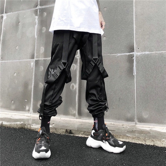 Pantalon cargo noir à lanières